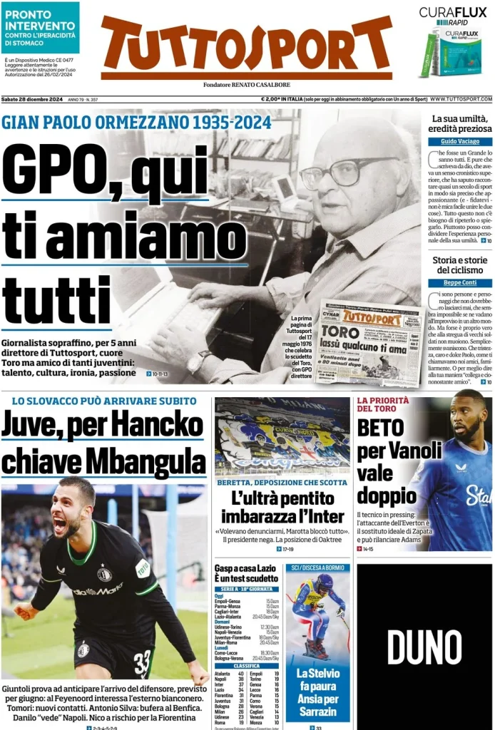 Le Prime Pagine Sportive Nazionali – 28 dicembre 2024 28 tuttosport 021206277