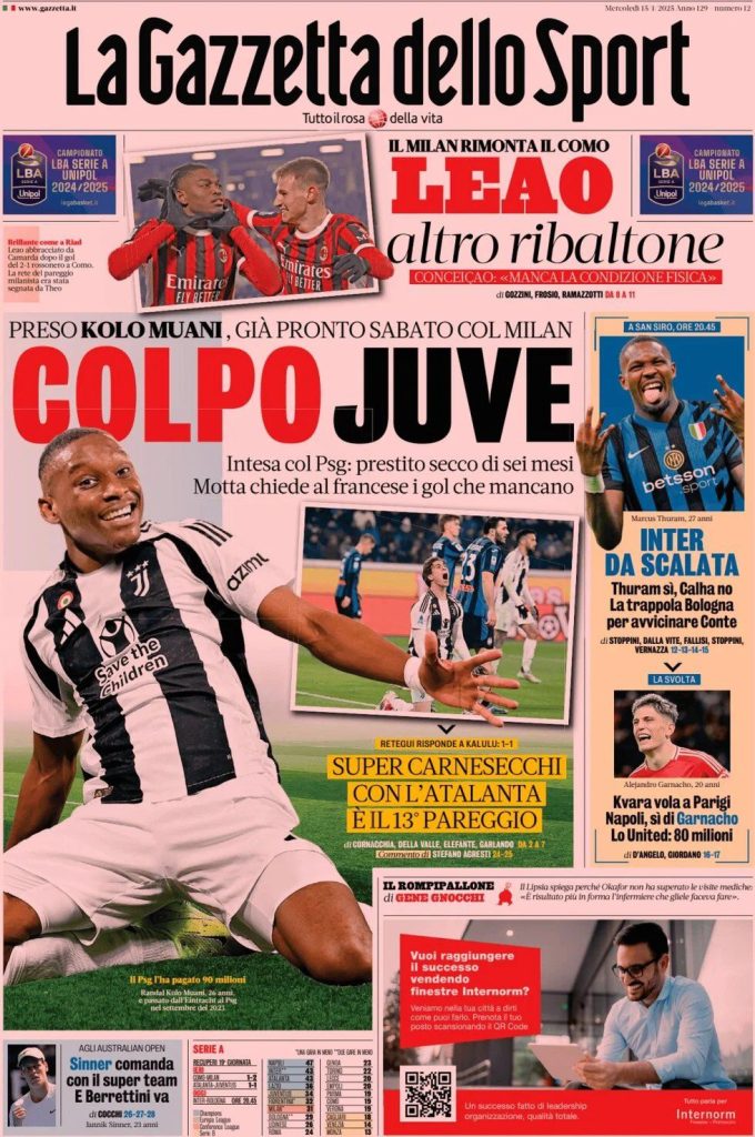 Prime Pagine Sportive Nazionali - 15 gennaio 2025 27 gazzetta