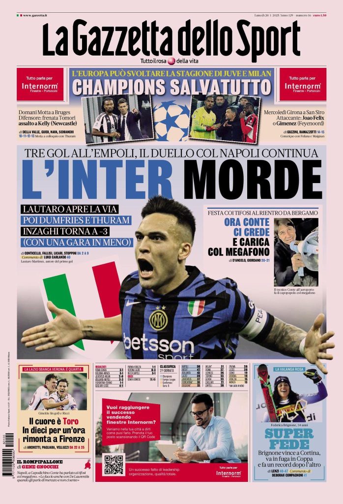 Prime Pagine Sportive Nazionali - 20 gennaio 2025 27 gazzetta 8