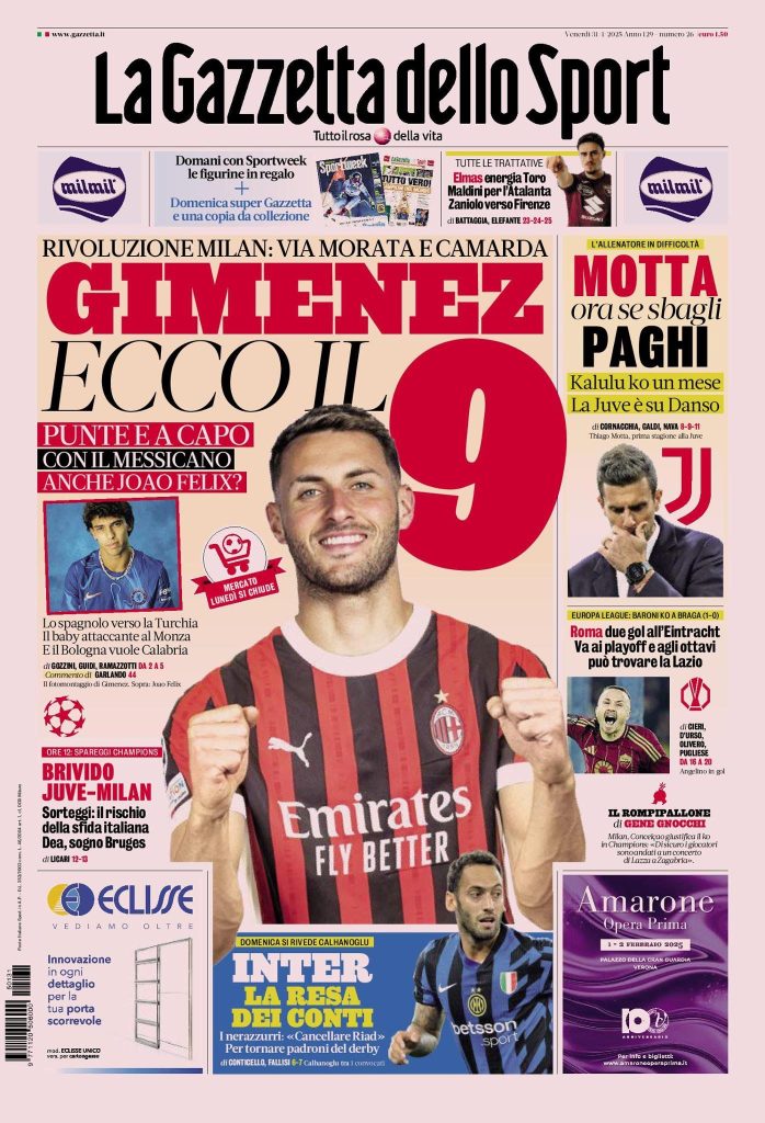 Le Prime Pagine Sportive Nazionali - 31 gennaio 2025 27 gazzetta dello sport 13