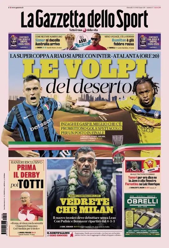 Le Prime Pagine Sportive Nazionali - 2 gennaio 2025 27 gazzetta dello sport