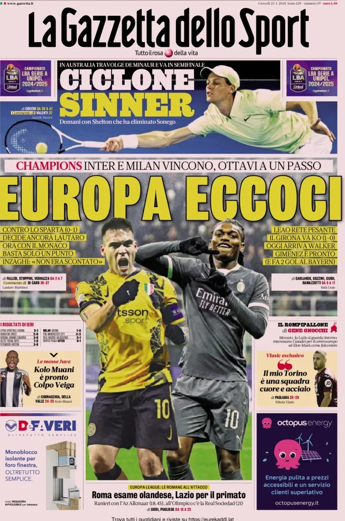 Prime Pagine Sportive Nazionali – 23 gennaio 2025 27 la gazzetta dello sport 054306306