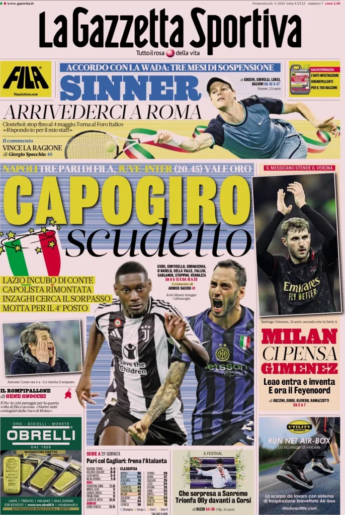 Le Prime Pagine Sportive Nazionali – 16 febbraio 2025 27 la gazzetta dello sport 080818902