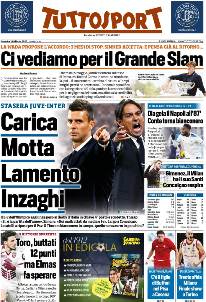 Le Prime Pagine Sportive Nazionali – 16 febbraio 2025 28 tuttosport 021205025