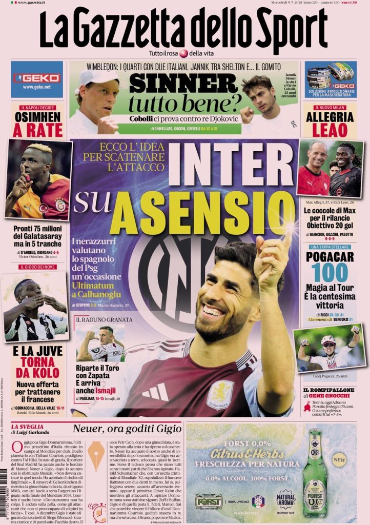 Le Prime Pagine Sportive Nazionali – 9 luglio 2025 27 la gazzetta dello sport 062819988