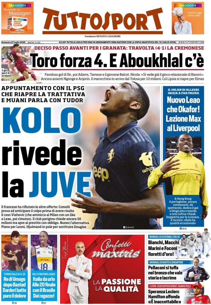 Le prime pagine sportive nazionali – 27 luglio 2025 27 tuttosport 021203191