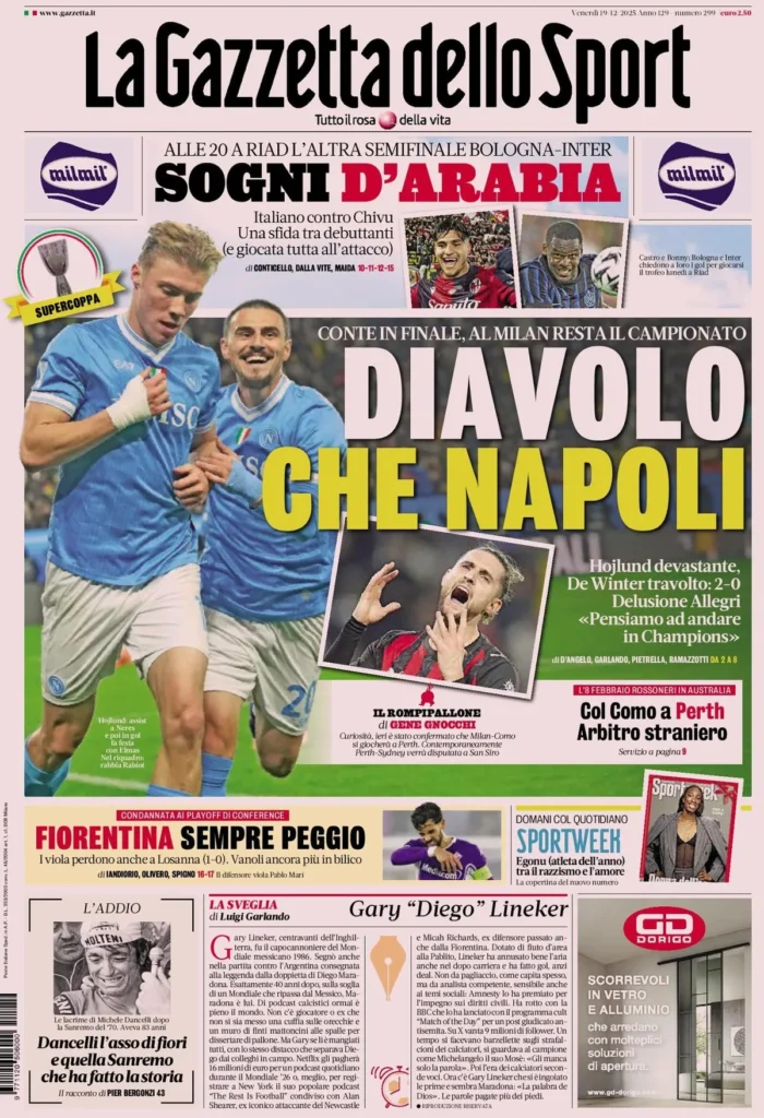 Le Prime Pagine Sportive Nazionali – 19 dicembre 2025 27 la gazzetta dello sport 031525c5b8iiv