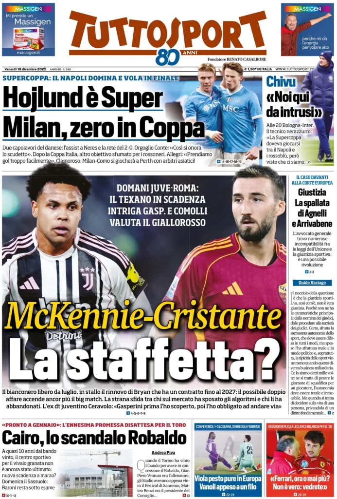 Le Prime Pagine Sportive Nazionali – 19 dicembre 2025 29 tuttosport 0205378o82vhg
