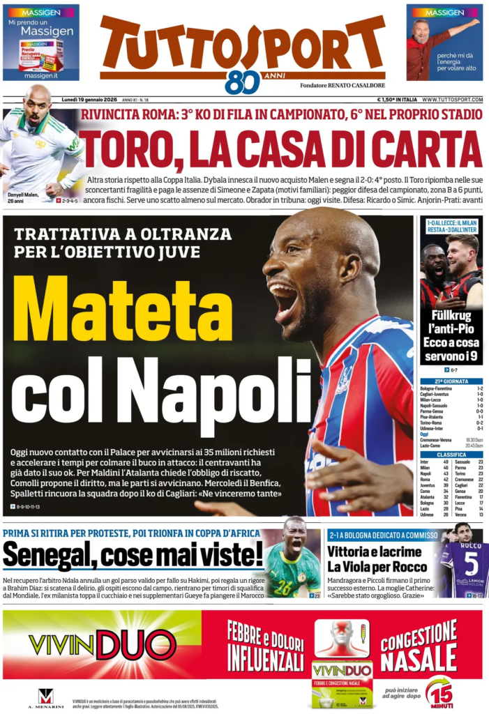 Prime pagine quotidiani sportivi – 19 gennaio 2026 29 image 31