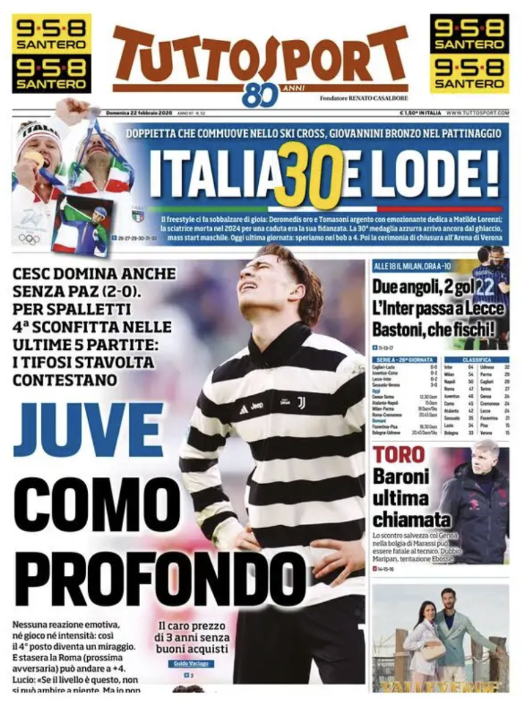 Le prime pagine dei principali quotidiani sportivi - 22 febbraio 2026 29 Screenshot 2026 02 22 alle 09.23.46