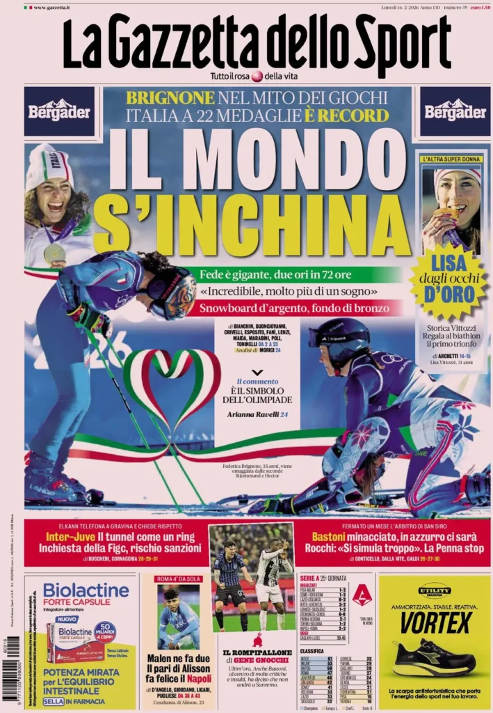 Le prime pagine dei principali quotidiani sportivi – 16 febbraio 2026 27 la gazzetta dello sport 032302xgr4lyh