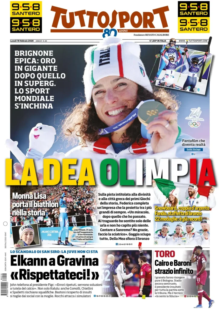 Le prime pagine dei principali quotidiani sportivi – 16 febbraio 2026 29 tuttosport 020303rc7arwf