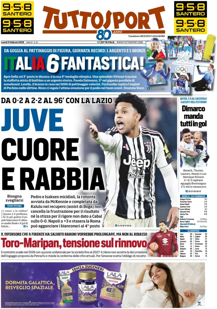 Le prime pagine dei quotidiani sportivi – 9 febbraio 2026 29 tuttosport 020441lf8aapr