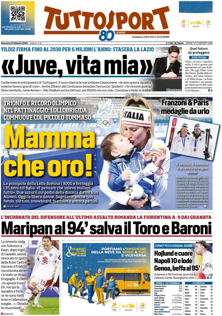 Le prime pagine dei quotidiani sportivi – 8 febbraio 2026 29 tuttosport 020724k6p5tia