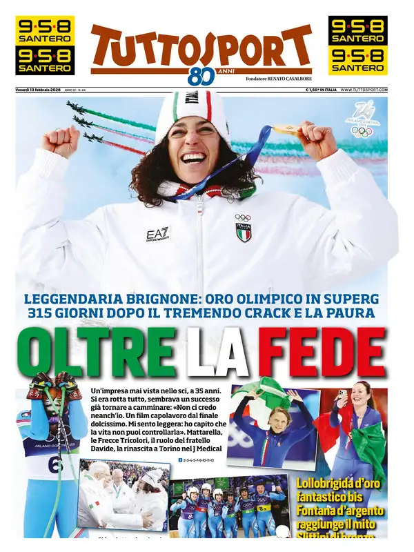 Le prime pagine dei quotidiani sportivi – 13 febbraio 2026 28 tuttosport