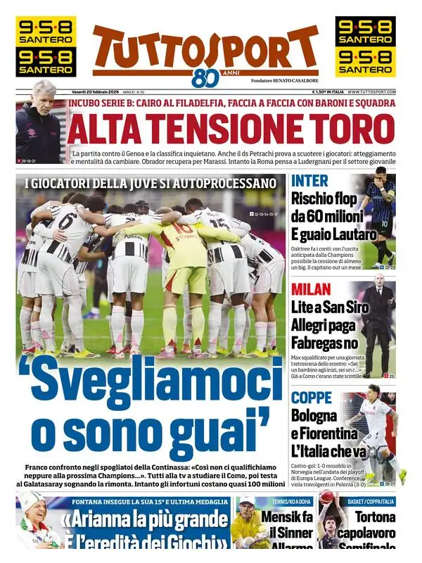 Le prime pagine dei principali quotidiani sportivi - 20 febbraio 2026 29 tuttosport