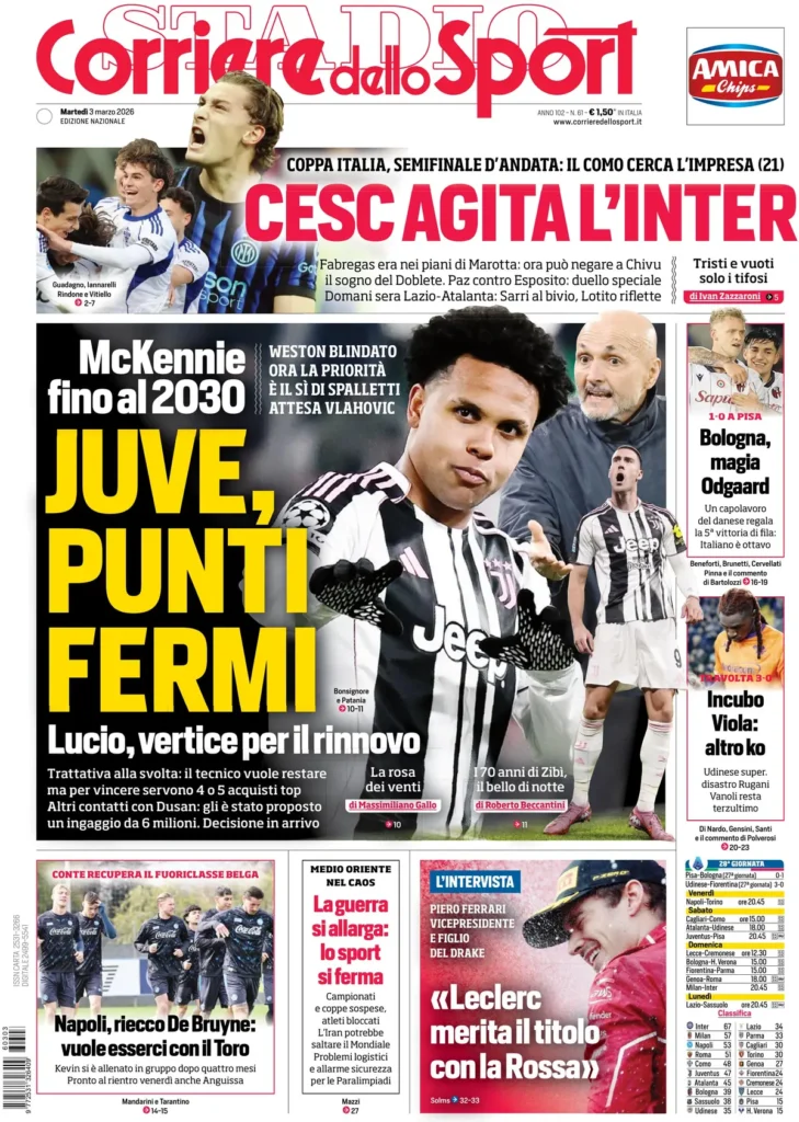 Le prime pagine dei principali quotidiani sportivi – 03 marzo 2026 28 corriere dello sport 0208025xh39a1