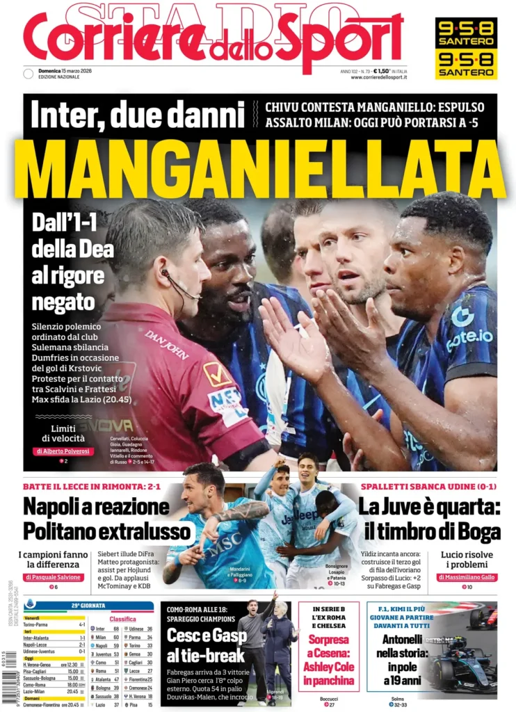 Le prime pagine dei principali quotidiani sportivi – 15 marzo 2026 29 corriere dello sport 021518zh7948u