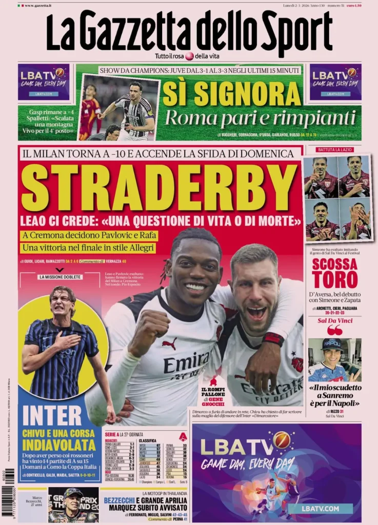 Le prime pagine dei principali quotidiani sportivi – 02 marzo 2026 27 la gazzetta dello sport 031545yrwd9ag