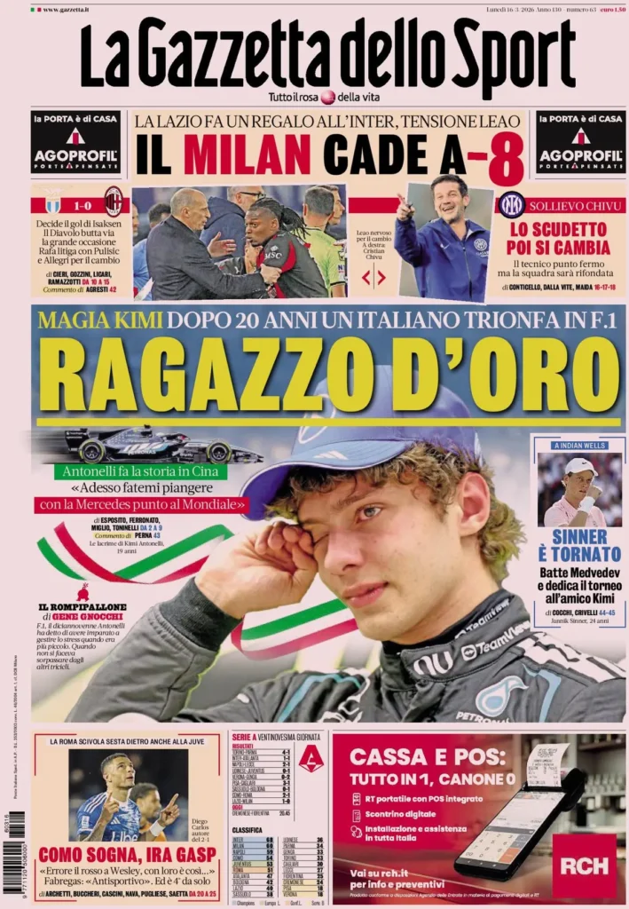 Le prime pagine dei principali quotidiani sportivi – 16 marzo 2026 27 la gazzetta dello sport 031802ku948cs