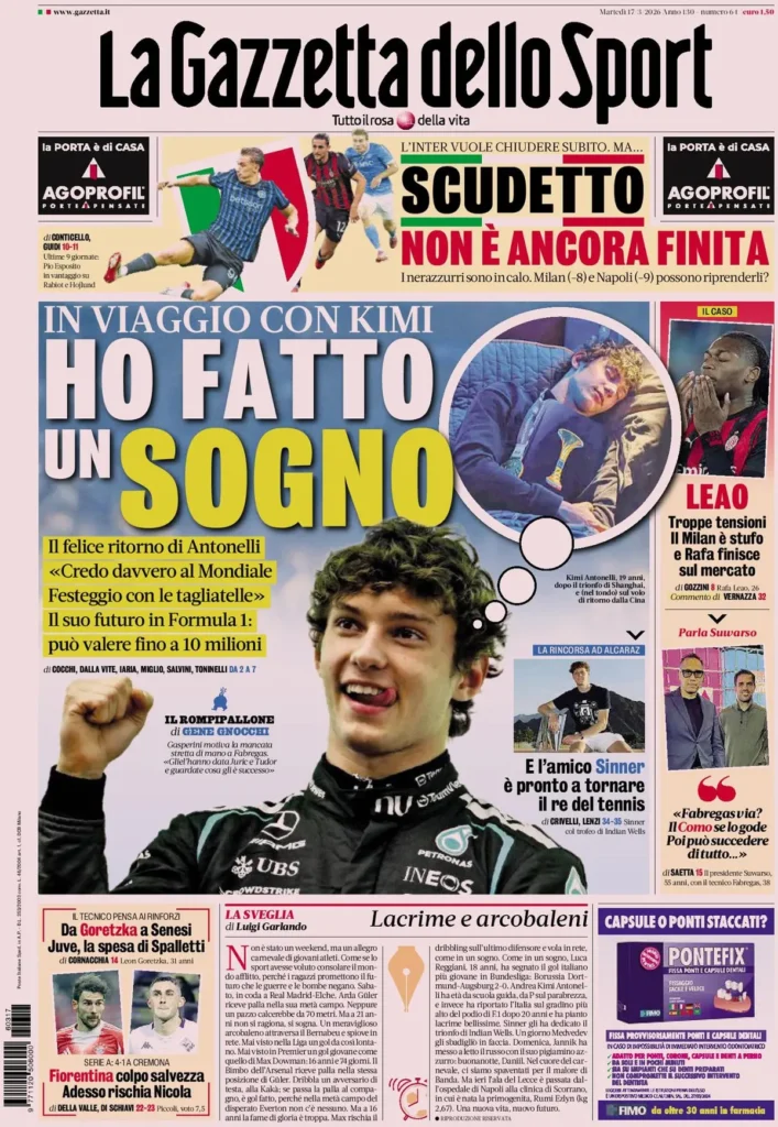 Le prime pagine dei principali quotidiani sportivi – 17 marzo 2026 27 la gazzetta dello sport 031803as1240n