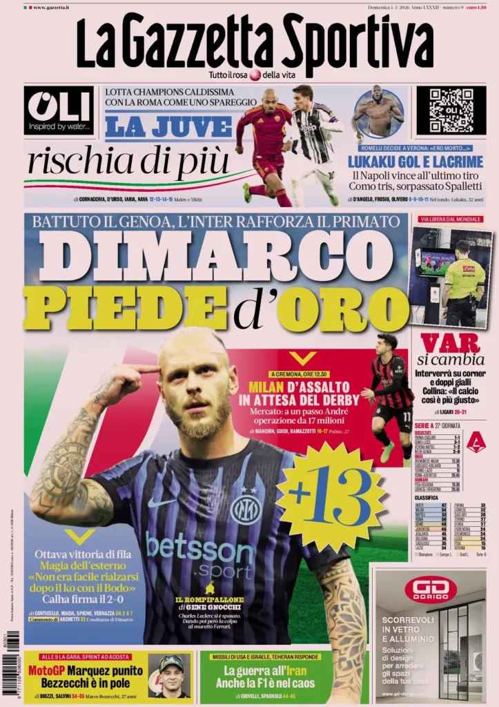 Le prime pagine dei principali quotidiani sportivi – 01 marzo 2026 27 la gazzetta dello sport 031803ndhc0re