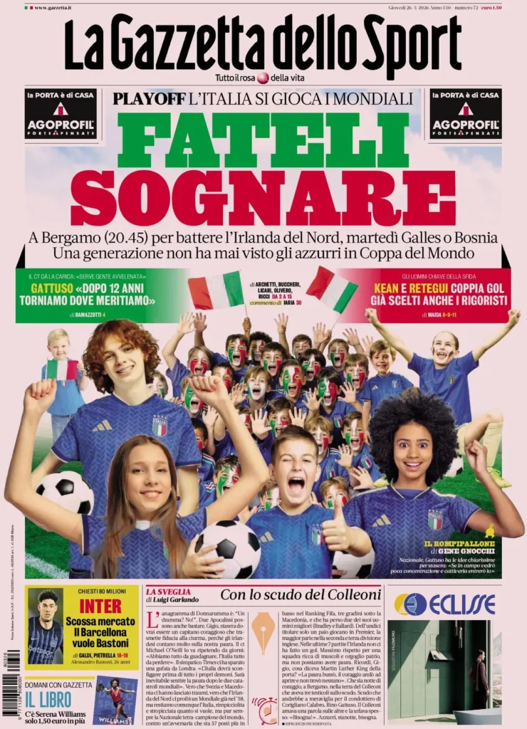 Le prime pagine dei principali quotidiani sportivi – 26 marzo 2026 27 la gazzetta dello sport 032255bb4caus