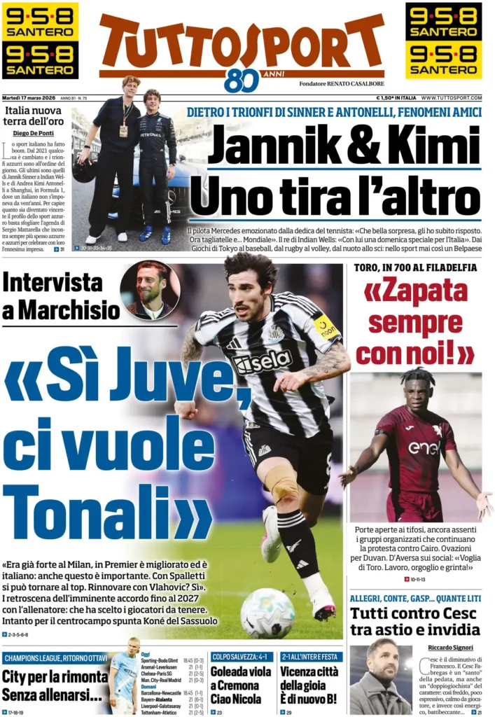 Le prime pagine dei principali quotidiani sportivi – 17 marzo 2026 29 tuttosport 021034asgl9b5