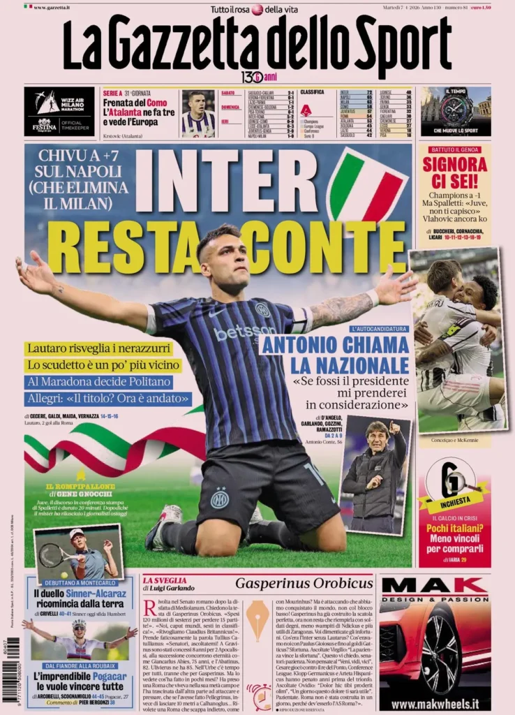 Le prime pagine dei quotidiani sportivi – 7 aprile 2026 27 la gazzetta dello sport 031803cc1coc2
