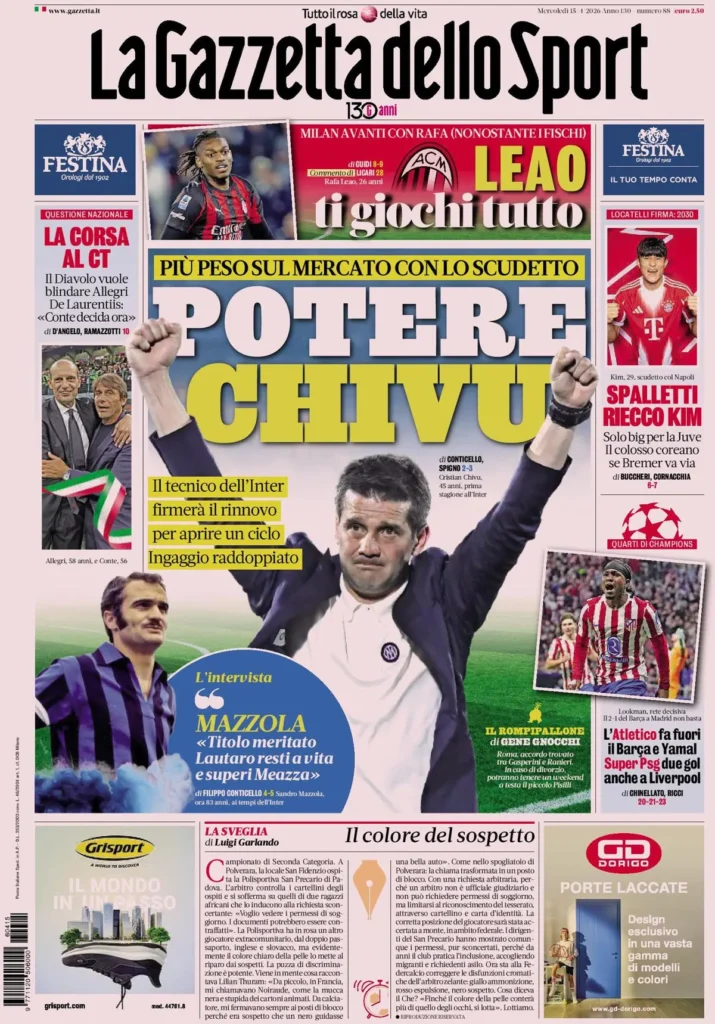 Le prime pagine dei quotidiani sportivi – 15 aprile 2026 27 la gazzetta dello sport 033630bfk5vo4
