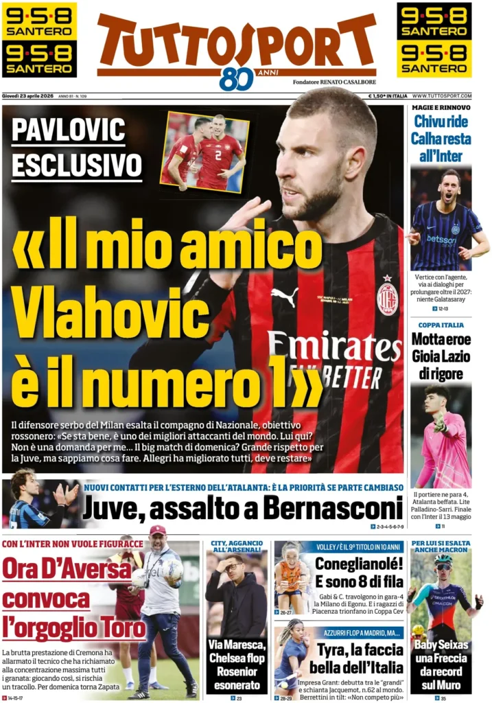 Le prime pagine dei quotidiani sportivi – 23 aprile 2026 29 tuttosport 020302r8a8e3n