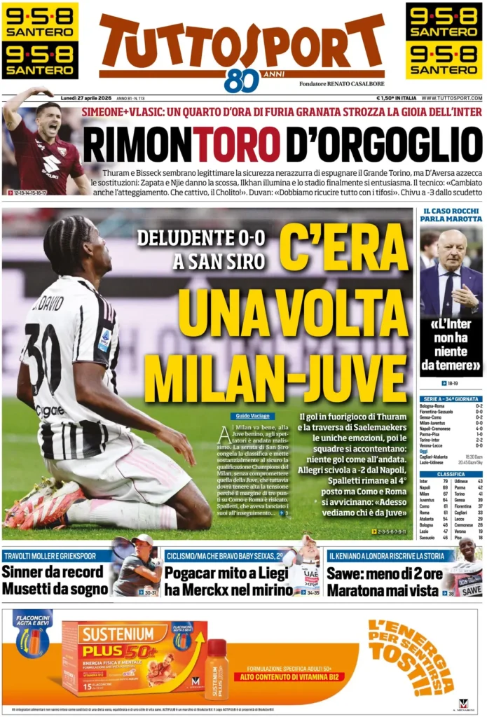 Le prime pagine dei quotidiani sportivi – 27 aprile 2026 29 tuttosport 020302v9ha2f9