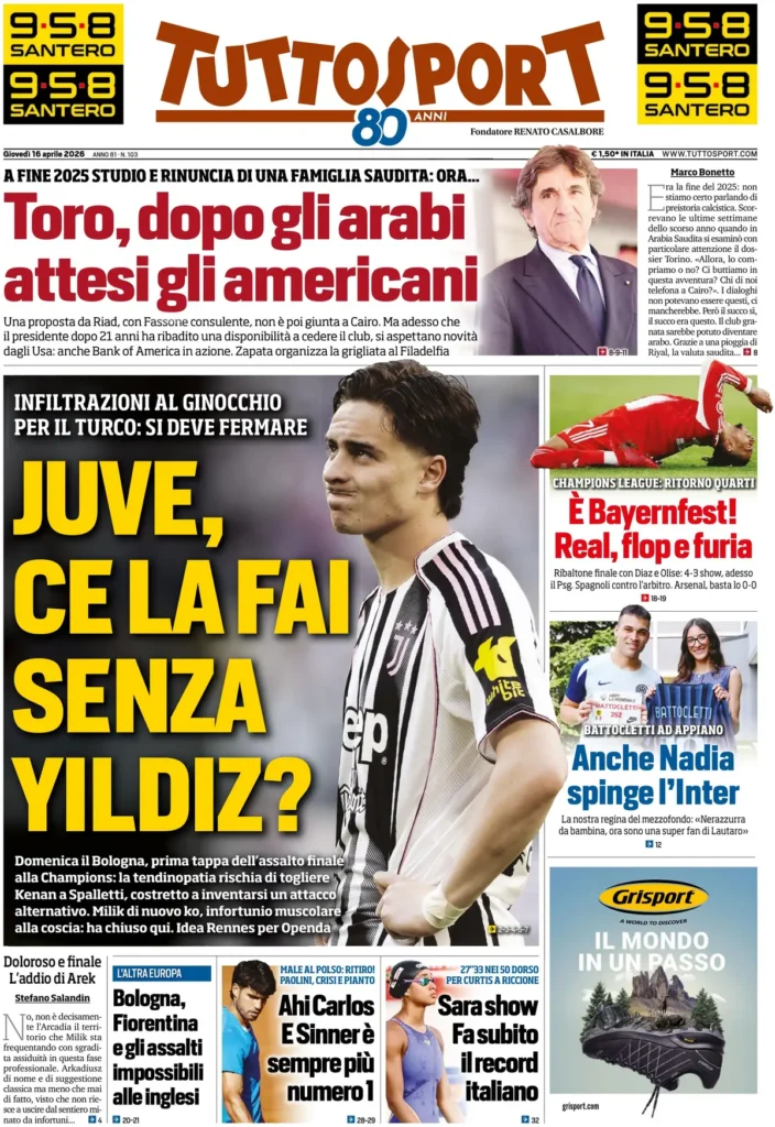 Le prime pagine dei quotidiani sportivi – 16 aprile 2026 29 tuttosport 021302ge42amj