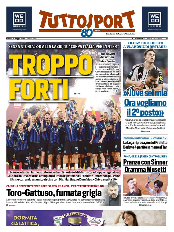 Le prime pagine dei quotidiani sportivi – 14 maggio 2026 29 tuttosport