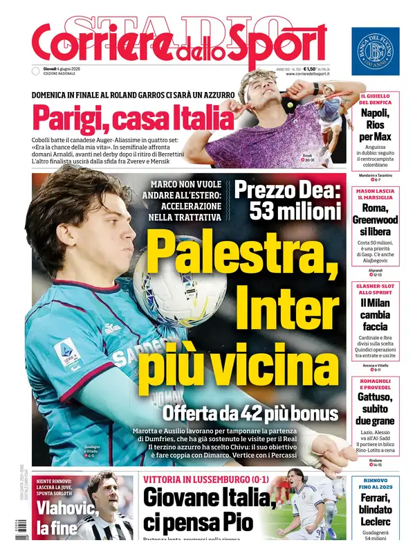 Le prime pagine dei quotidiani sportivi – 4 giugno 2026 3 corriere dello sport