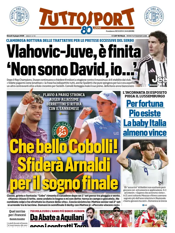Le prime pagine dei quotidiani sportivi – 4 giugno 2026 2 tuttosport