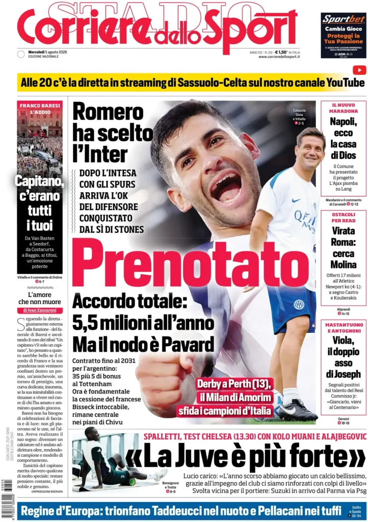 Le prime pagine dei quotidiani sportivi – 05 agosto 2026 3 corriere dello sport 020308yopdxue