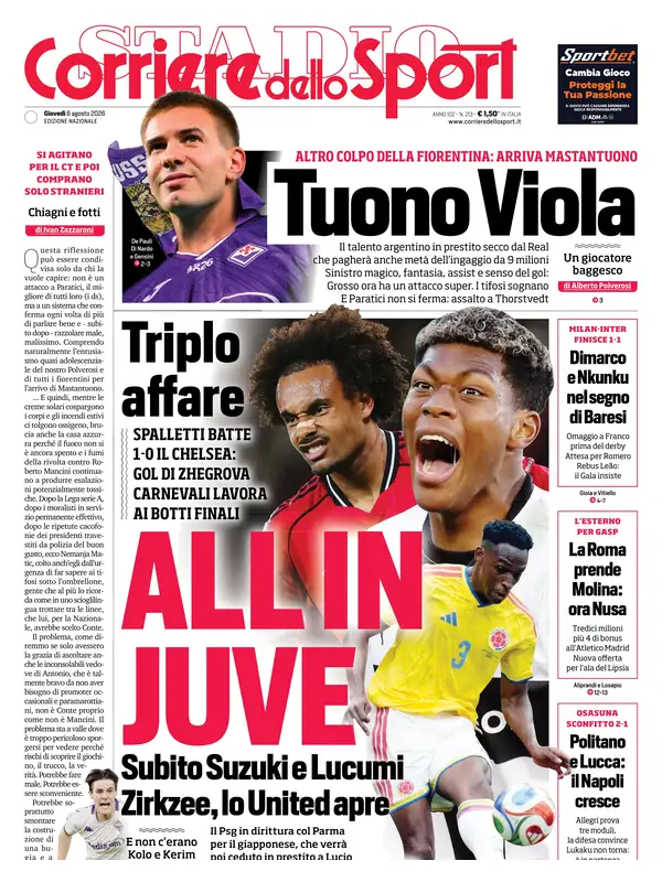 Le prime pagine dei quotidiani sportivi – 06 agosto 2026 3 corriere dello sport