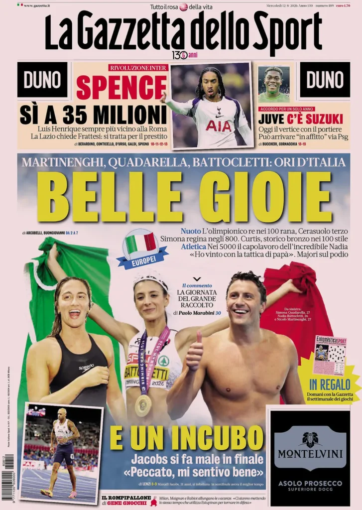Le prime pagine dei quotidiani sportivi – 12 agosto 2026 2 la gazzetta dello sport 03330184x9kne