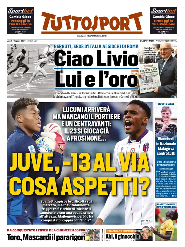 Le prime pagine dei quotidiani sportivi – 10 agosto 2026 4 tuttosport