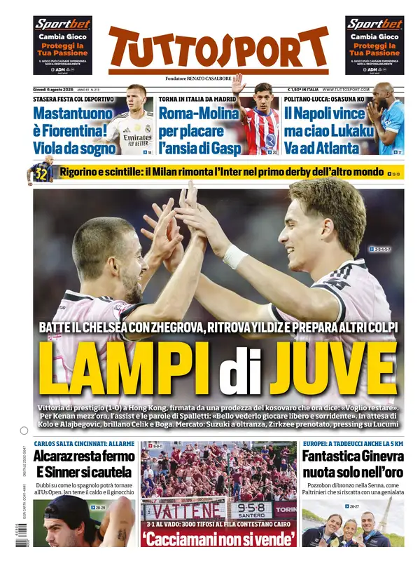 Le prime pagine dei quotidiani sportivi – 06 agosto 2026 4 tuttosport