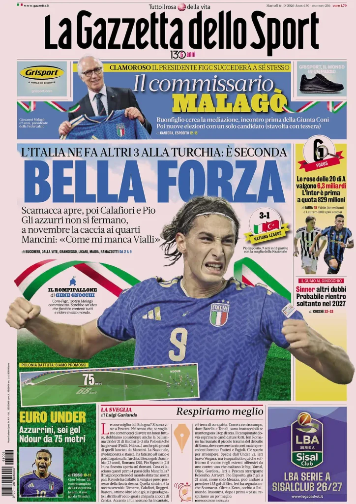 Le prime pagine dei quotidiani sportivi – 06 ottobre 2026 2 la gazzetta dello sport 0318026xmnvr3